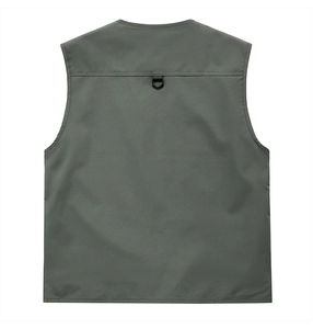 Rear view of army green outdoor utility vest with black D-ring hook for gear