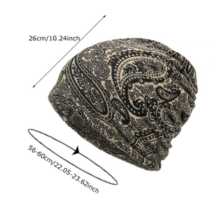 Paisley print knit beanie in black and beige showing height and head circumference specs