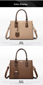 Detail view of khaki and brown pebble leather handbags with gold hardware and shoulder straps