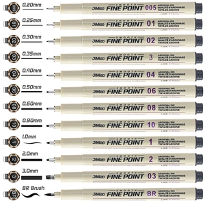 Set of 12 waterproof professional drawing pens with assorted nib sizes for sketching