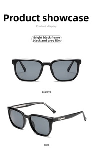 Front and side views of glossy black square sunglasses with dark grey lenses