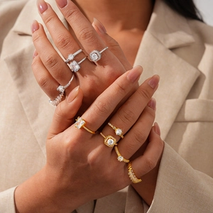 Five-piece set of elegant zircon open rings in silver and gold plating on model