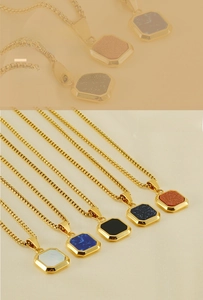 Detail of square natural stone pendants in five colors on 18K gold stainless steel chains