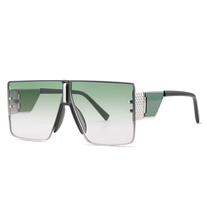 Retro oversized square sunglasses with green gradient lens and honeycomb metal accents