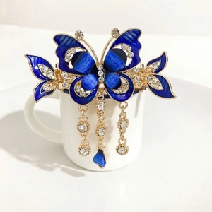 Butterfly Hair Clip Alloy Enamel Rhinestone Long Tassel Water Drop Pendant Elegant Hair Claw For Women