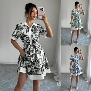 Women Casual Short Sleeve Floral Shirt Dress With Waist Tie Button Up Lapel Summer Print A-Line Mini Dress For Vacation