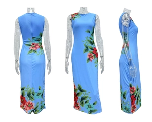Tres vistas de un vestido largo ajustado con tela azul y estampados florales vivos