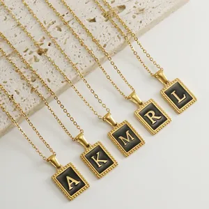 Square Letter Pendant Necklace 18K Gold Plated Stainless Steel Black Enamel Initial Clavicle Chain Minimalist Women Jewelry