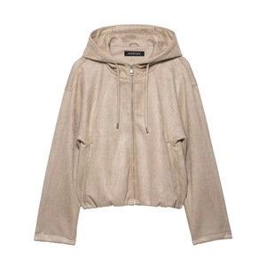 Women's beige faux suede hooded bomber jacket with full zip and drawstring detail