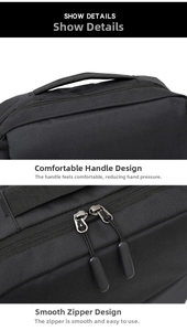 Detail of comfortable reinforced handle and smooth double zippers on black travel backpack