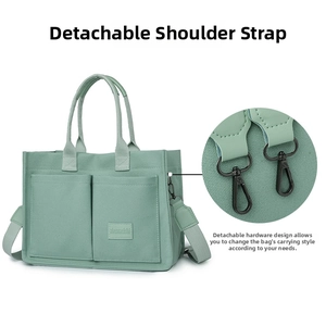 Detail of mint green canvas tote with detachable black metal buckle strap and label