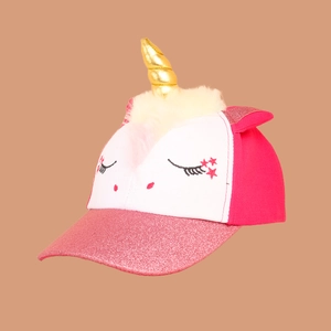 Detail of pink unicorn baseball cap showing golden horn, plush fur and glitter brim