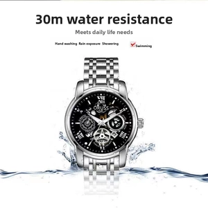 Close-up of ORUSS men's hollow dial watch with 30m waterproof rating and silver steel band