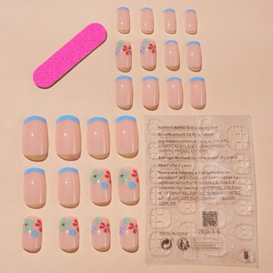 24er-Set blaue French Press-on-Nägel mit Blumendesign und Nagelfeilen-Zubehörset