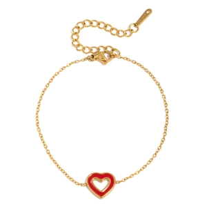 Golden stainless steel chain bracelet featuring a red enamel hollow heart pendant for women