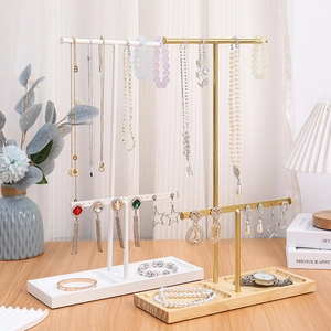 Jewelry Display Stand Metal Earring Holder Organizer With Solid Wood Base Multi Layer T Bar Nordic Minimalist Style