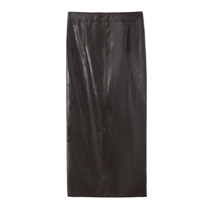 Gonna midi chic in similpelle marrone scuro a vita alta con trama opaca