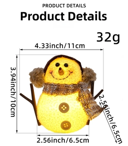 Close-up of glowing snowman ornament with product dimensions of 10cm by 11cm