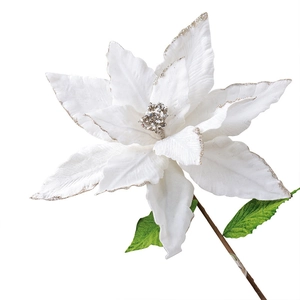 Elegant 40cm large white artificial poinsettia flower with silver glitter for Christmas