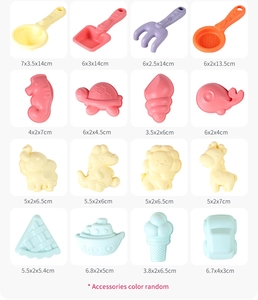 Detailed grid showing 16 beach toy pieces with precise dimensions and various animal shapes