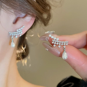 Elegant silver drop earrings with star zircon and white teardrop pearls for women