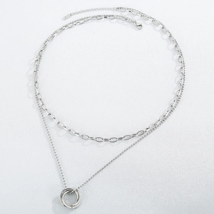 Double-layered silver titanium steel necklace featuring three interlocking rings pendant