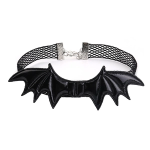 Detailed view of gothic lace choker with glossy black bat wings and metallic silver clasp