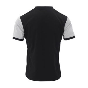 Rear view of men's casual polo shirt featuring black body and grey contrast sleeves