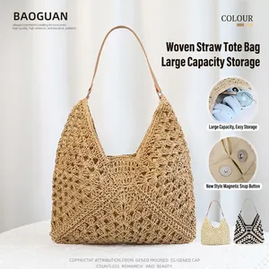 Women Large Capacity Straw Woven Shoulder Bag Hollow Out Paper Straw Tote For Summer Beach Vacation Casual Handbag
