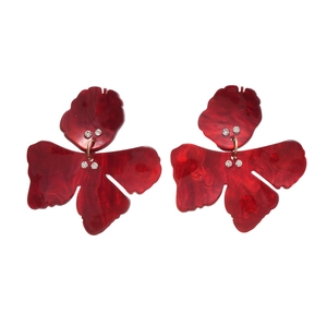Vibrant red resin flower earrings with sparkling rhinestones and gold metal accents