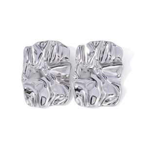 Polished silver stainless steel earrings with unique irregular pleated square design