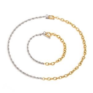 Two-tone mixed link chain necklace and bracelet set with T-bar clasp in gold and silver