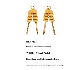 Détail de boucles d'oreilles franges dorées avec disques ronds et chaînes fines mates