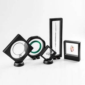 Black PE film floating jewelry display frames in multiple sizes with round base stands