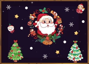 Flat lay of Christmas static window stickers featuring Santa, snowmen, and festive trees