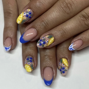 Press On Nails French Blue Lemon Fruit Floral Almond Fake Nails Short Round Manicure For Women Summer Fresh