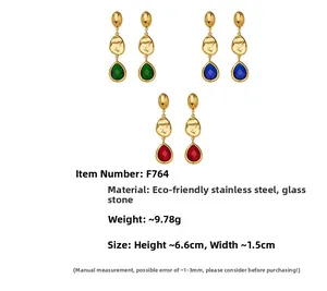 Detail view of drop glass earrings in gold stainless steel with color options and dimensions