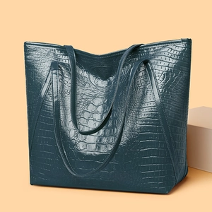 Vintage dark teal crocodile texture tote bag with large capacity for women's daily commute