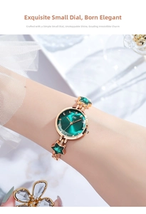 Detail of elegant gold watch featuring green sunray dial and star-shaped crystal accents