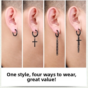 Macro detail of matte black stainless steel cross sword earrings with four styling options