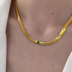 Gold-plated flat snake chain necklace with a centered green zircon pendant for women