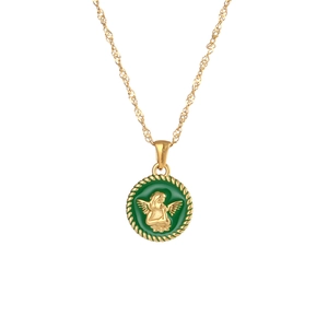 18K gold plated necklace featuring green enamel angel pendant and twisted edge frame