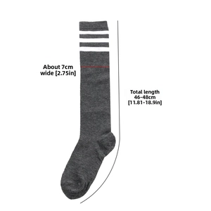 Detail view of cotton knee-high socks with three stripes and measurement dimensions