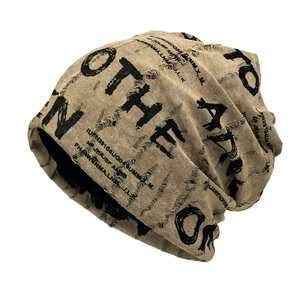 Distressed Beanie Slouchy Hat Knitted Polyester Letter Print Hip Hop Streetwear Unisex Winter Warm Outdoor Headwear