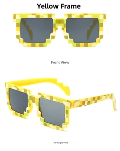 Front and side views of pixel-style mosaic party sunglasses with yellow-green checkered frames