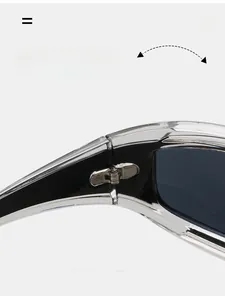 Macro detail of a durable silver metal hinge on transparent PC cycling sunglasses frame