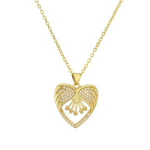 Minimalist gold heart necklace with angel wing pendant and sparkling crystals