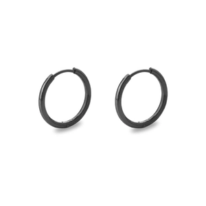 Detailed view of black polished titanium steel hoop earrings with a secure clasp mechanism