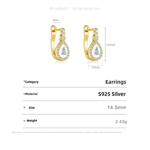 Detail of S925 silver teardrop earrings with blue gemstone and dimensions 14.5mm
