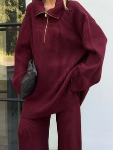Chic burgundy knit set with half-zip sweater and wide-leg pants for a stylish spring look